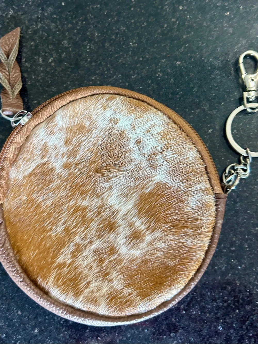 Round Cowhide coin Bag in Brown and White